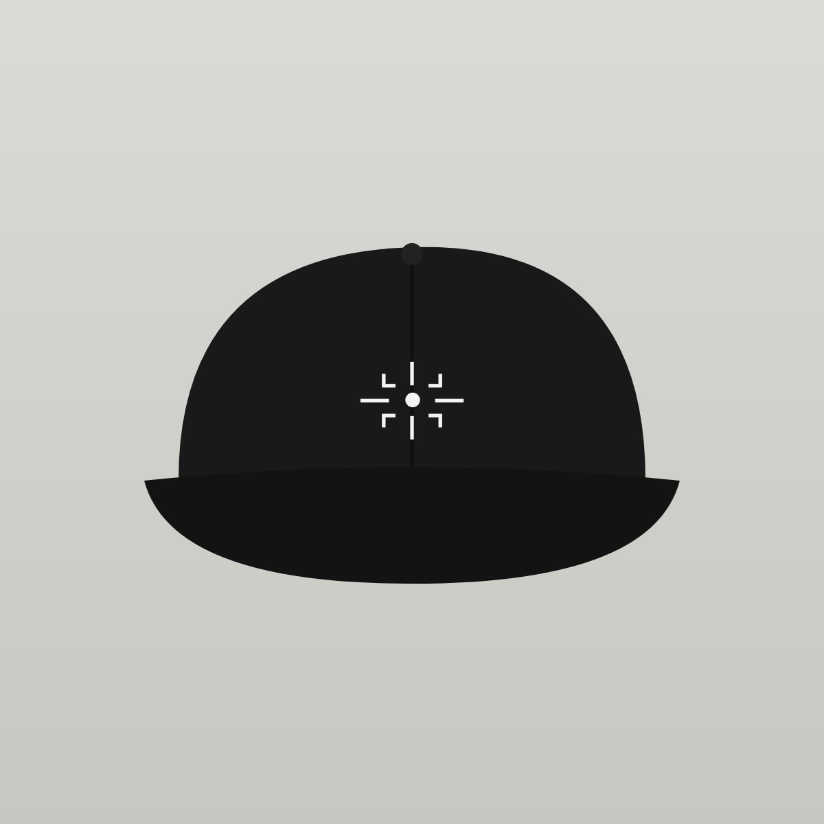 Black dad hat with a white embroidered targeting reticle and dot on the front